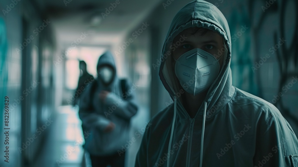 a man wearing a face mask and a hoodie in a hallway a man wearing a face mask and a hoodie in a hallway