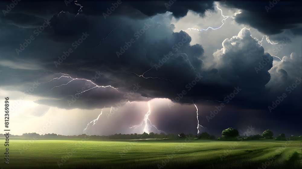 A dramatic thunderstorm brewing on the horizon, with dark clouds rolling in and lightning flashing across the sky. A dramatic thunderstorm brewing on the horizon, with dark clouds rolling in and lightning flashing across the sky.