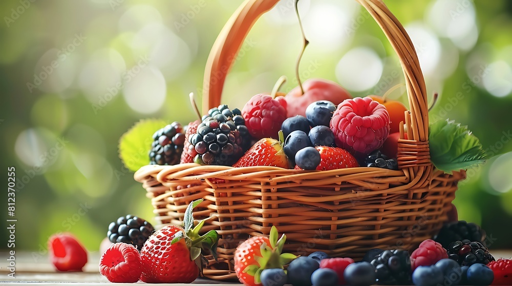 Fresh ripe summer berries and fruits in wicker basket Fresh ripe summer berries and fruits in wicker basket