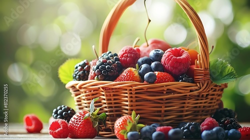 Fresh ripe summer berries and fruits in wicker basket