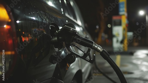 a car is parked at a gas station with a fuel pump attached to it's side