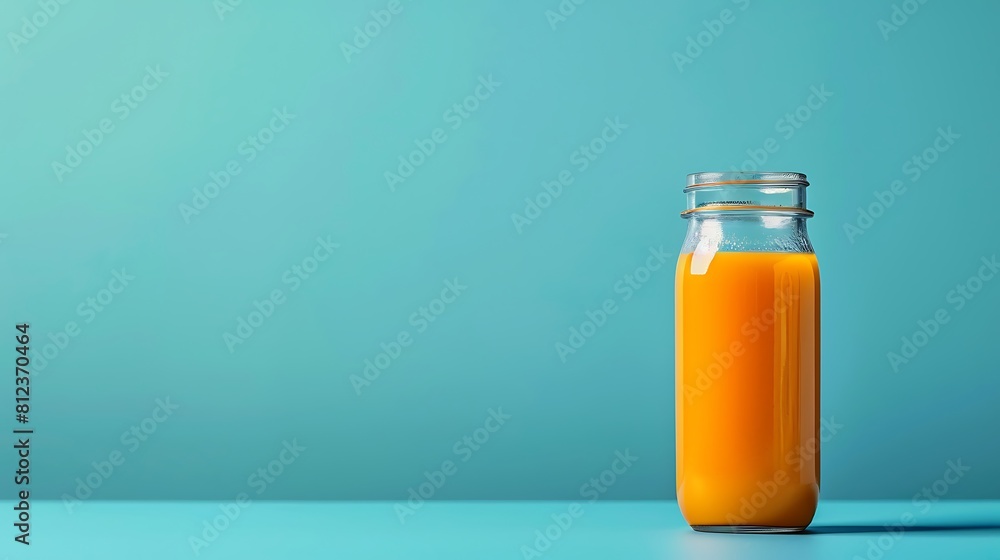 Glass jar with orange and carrot juice on blue table predominant colors are orange and blue Glass jar with orange and carrot juice on blue table predominant colors are orange and blue