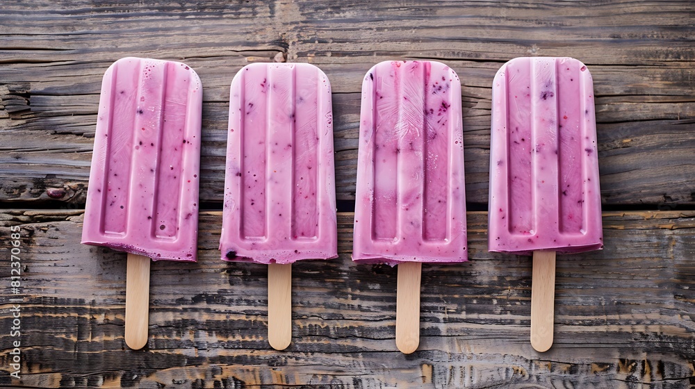 Group of homemade mixed berry yogurt popsicles on a rustic wood background Group of homemade mixed berry yogurt popsicles on a rustic wood background
