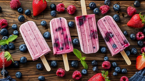 Group of homemade mixed berry yogurt popsicles on a rustic wood background