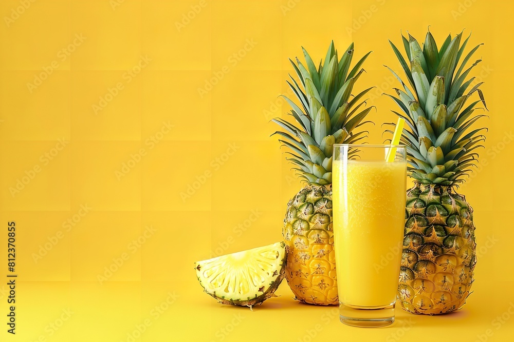 A yellow background with three pineapples and a glass of pineapple smoothie. There is enough space for text, Generative AI. A yellow background with three pineapples and a glass of pineapple smoothie. There is enough space for text, Generative AI.