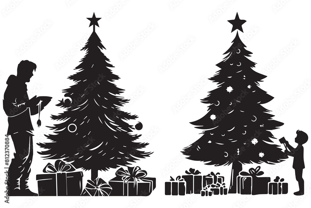 Silhouette man and gift under christmas tree vector Silhouette man and gift under christmas tree vector