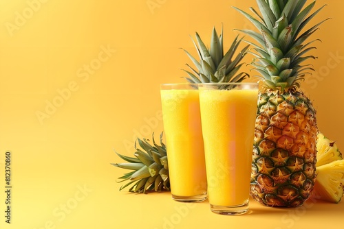 A yellow background with three pineapples and a glass of pineapple smoothie. There is enough space for text  Generative AI.
