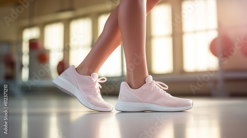 Woman Leg Wearing Shoes Standing In The Minimal Gym With Pastel Light And Copy Space For Commercial Photography