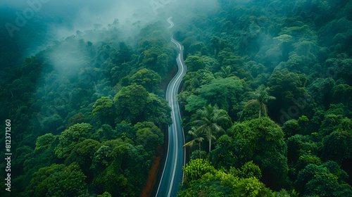 Aerial top view beautiful curve road on green forest