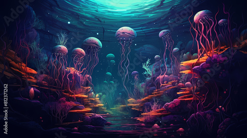 underwater abyss with nightmarish sea creatures illustration background poster decorative painting