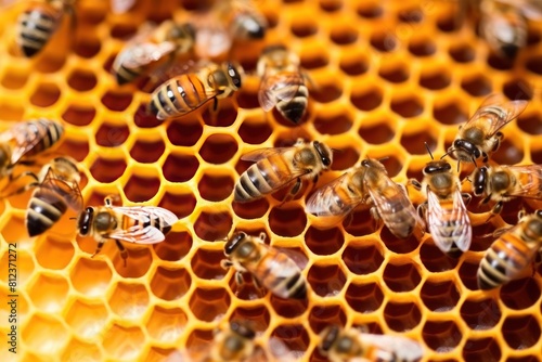 Working bee group works on honeycomb bringing honey on small paws. Hard-working bees bring honey filling honeycombs prepare stocks for winter to have food in cold. Hard work for large group of bees