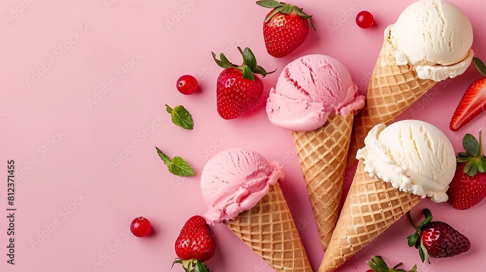 Ice cream cone vanilla and strawberry flavors on a pink background