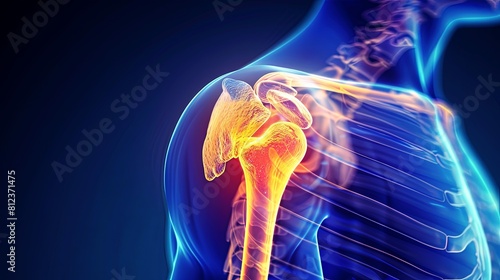 An X-ray blue of a shoulder with the upper arm and shoulder joint highlighted in yellow .MRI scan of a human ashoulder joint, showing the ball and socket joint bones and ligaments. 