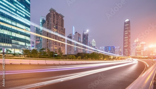 Speed light trails path through smart modern mega city and skyscrapers town with neon futuri.