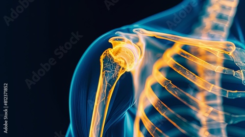 An X-ray blue of a shoulder with the upper arm and shoulder joint highlighted in yellow .MRI scan of a human ashoulder joint, showing the ball and socket joint bones and ligaments.  photo
