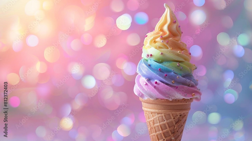 Rainbow ice cream cone with a blurred background of pink and purple. Rainbow ice cream cone with a blurred background of pink and purple.