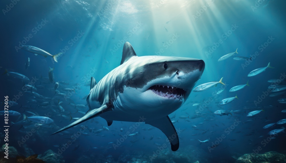 Great white shark in the ocean, portrait of White shark hunting prey in the underwater Great white shark in the ocean, portrait of White shark hunting prey in the underwater