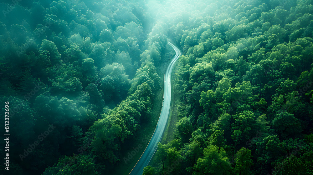 Top view of dark green forest landscape wallpaper art. Aerial nature scene of pine trees and asphalt road banner design Top view of dark green forest landscape wallpaper art. Aerial nature scene of pine trees and asphalt road banner design