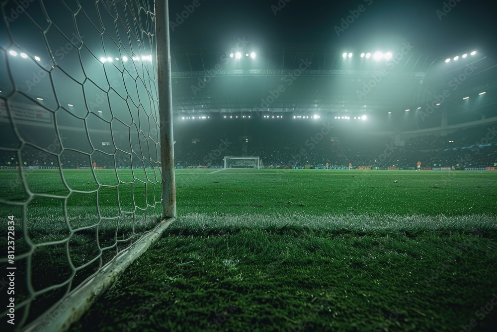 Obraz premium Soccer Goal Post Perspective on Lush Field at Stadium, Sunset Lighting with Game in Progress