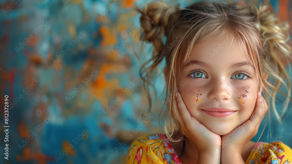 A lovely little girl, with her hands on her cheeks, smiling, bright, colorful,generative ai A lovely little girl, with her hands on her cheeks, smiling, bright, colorful,generative ai