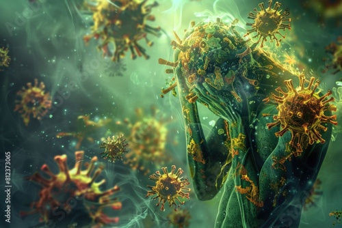 Digital artwork of a human figure overwhelmed by vividly depicted viruses, a representation of pandemic anxiety