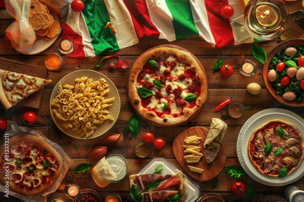 Republic Day Celebration in Italy with Waving Flag and Traditional Cuisine on Wooden Background Republic Day Celebration in Italy with Waving Flag and Traditional Cuisine on Wooden Background