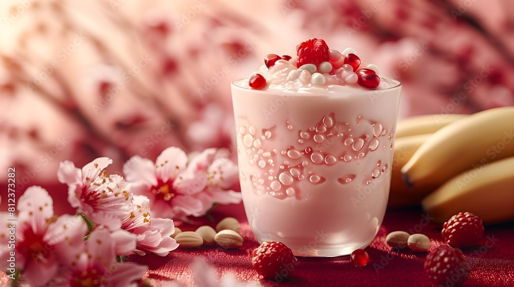 Transparent pull-tab can yogurt, festive red Chinese New Year background, Spring Festival elements, surrounded by fruit Transparent pull-tab can yogurt, festive red Chinese New Year background, Spring Festival elements, surrounded by fruit