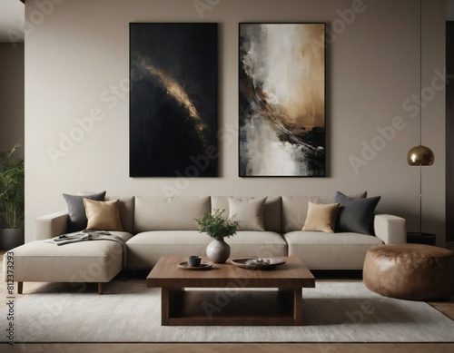 Contemporary living room with a neutral sofa, abstract paintings, and elegant decor in a cozy, chic space