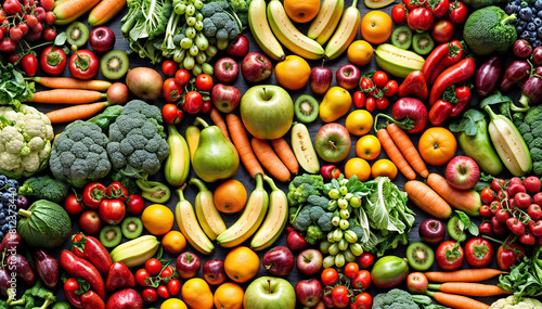 A colorful assortment of fruits and vegetables including apples, bananas, broccoli, carrots, and others. photo