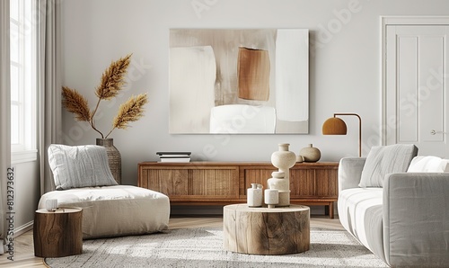 interior design,Minimalistic Modern Living Room with Modern Abstract Wall Art Painting Enhancing Home Interior Ambiance 3d rendering	