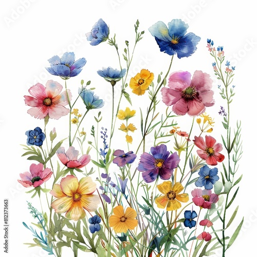 The image is a watercolor painting of a variety of flowers