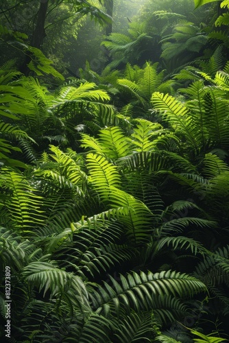 A lush green forest with a lot of ferns and leaves