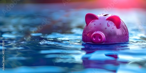 A pink piggy bank floating in water symbolizing resilient savings. Concept Finance  Savings  Resilience  Money Management  Investing