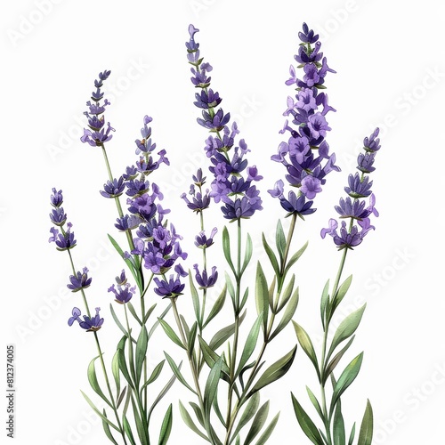 The image shows a few stems of lavender with purple flowers and green leaves on a white background.