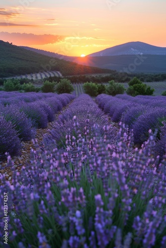 A field of lavender flowers with a beautiful sunset in the background