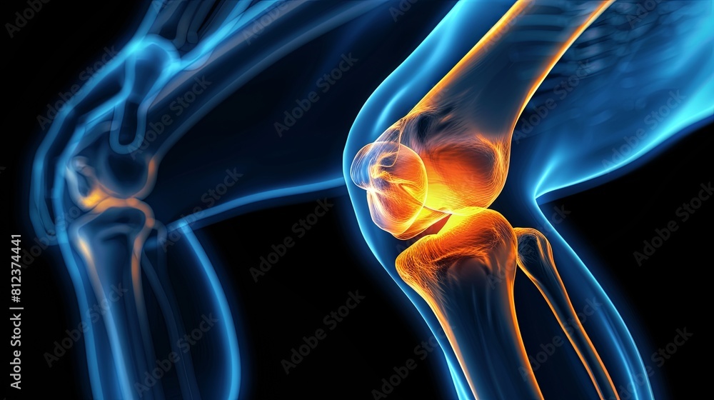 An X-ray blue of a knee with the knee joint highlighted in yellow ,MRI ...