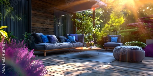 Elegant terrace with stylish garden furniture soft cushions and warm sunlight. Concept Outdoor Decor, Garden Inspiration, Terrace Styling, Cozy Furniture, Warm Sunlight photo