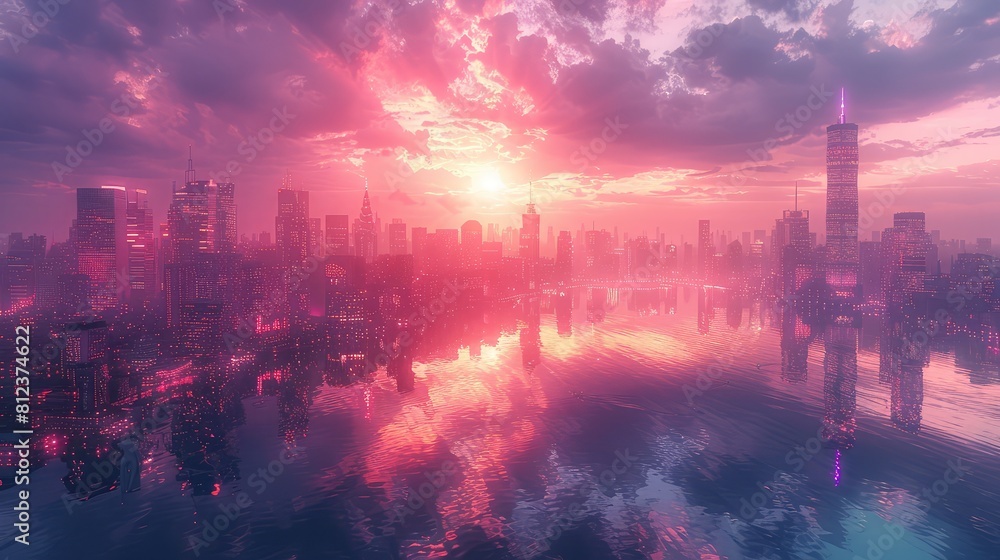 Obraz premium Futuristic cityscape at dusk with neon lights reflecting on sleek skyscrapers