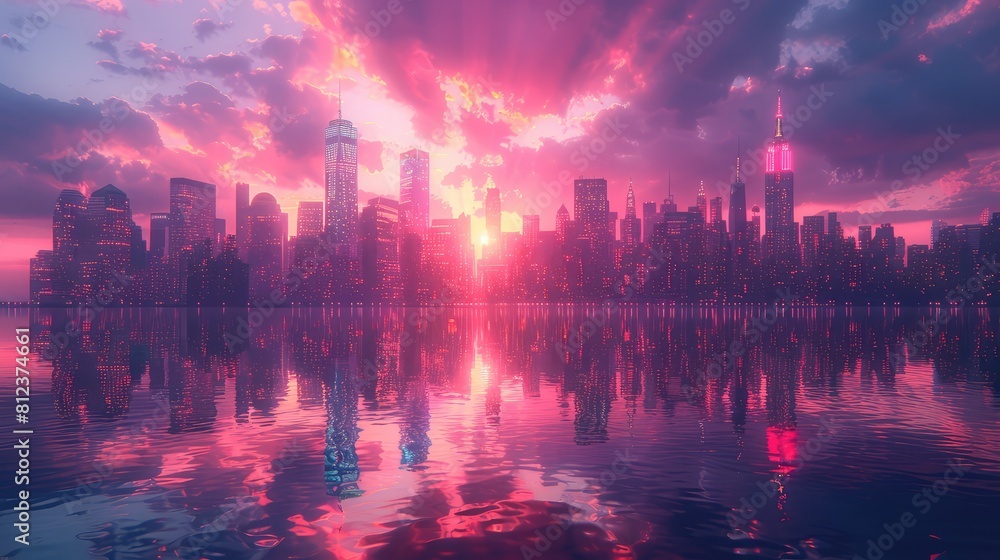 Futuristic cityscape at dusk with neon lights reflecting on sleek skyscrapers Futuristic cityscape at dusk with neon lights reflecting on sleek skyscrapers