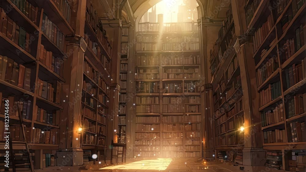 Timeless Literary Retreat: 4K Looping Video of an Anime Style Library Overflowing with Classic Books, Creating a Tranquil Atmosphere for Book Lovers. Timeless Literary Retreat: 4K Looping Video of an Anime Style Library Overflowing with Classic Books, Creating a Tranquil Atmosphere for Book Lovers.