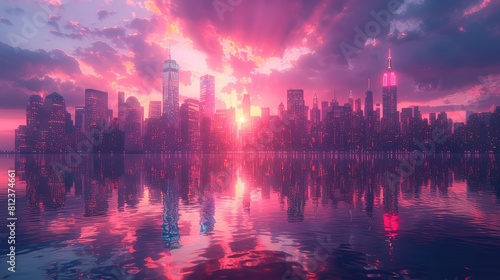 Futuristic cityscape at dusk with neon lights reflecting on sleek skyscrapers