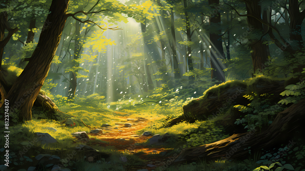 forest illuminated by dappled sunlight illustration background poster decorative painting