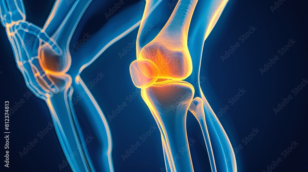 An X-ray blue of a knee with the knee joint highlighted in yellow ,MRI ...