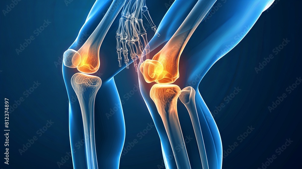 An X-ray blue of a knee with the knee joint highlighted in yellow ,MRI ...