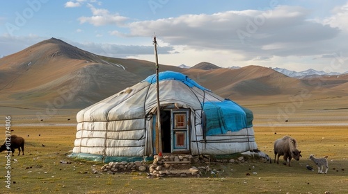 Mongolia mountains animals yurt ger photo