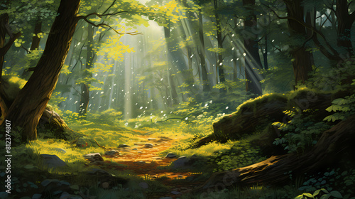 forest illuminated by dappled sunlight illustration background poster decorative painting © Wu