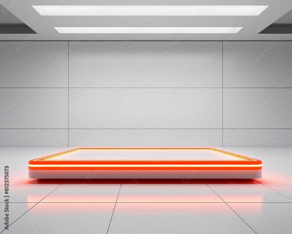 A bright, minimalistic setting featuring a large standing tablet displaying a vibrant neon blue holographic 3D heart, laid on a white table within a clean, white room A bright, minimalistic setting featuring a large standing tablet displaying a vibrant neon blue holographic 3D heart, laid on a white table within a clean, white room