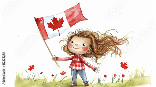 Enchanted Euphoria: Little Girl Embracing Canadas Spirit With Flag in Field. Child's drawing on white background
