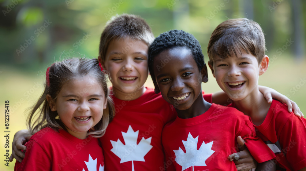 Jubilant Group of Canadian Children Celebrating Together. lively group of young children, dressed in festive attire, stand arm in arm, smiling brightly as they celebrate Canada Day with joy and unity.