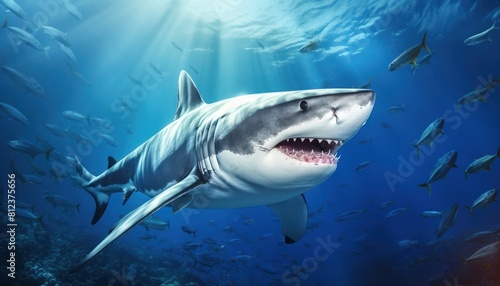 Great white shark in the ocean  portrait of White shark hunting prey in the underwater